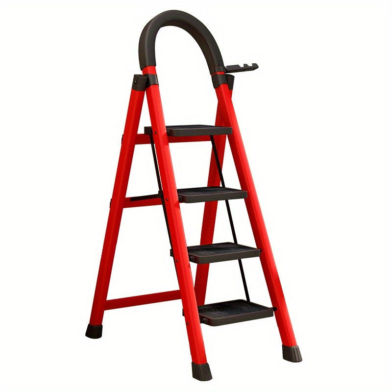 Escalón plegable versátil - 2 a 6 niveles, peldaños antideslizantes, liviano e impermeable, ideal para cocinas, hogares, bibliotecas y oficinas - Construcción duradera en acero, color rojo, con ganchos utilitarios