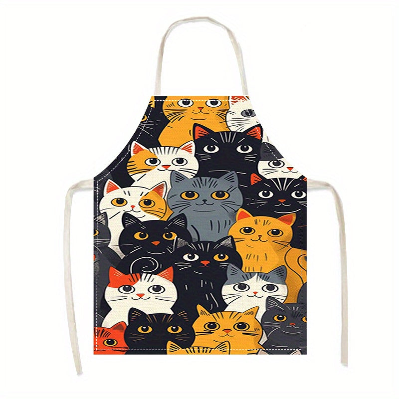 Delantal de lino con diseño de gato animado, 1 unidad - Para cocina, adultos, repostería, café, restaurante