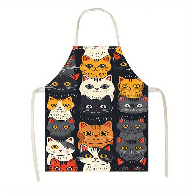 Delantal de lino con diseño de gato animado, 1 unidad - Para cocina, adultos, repostería, café, restaurante