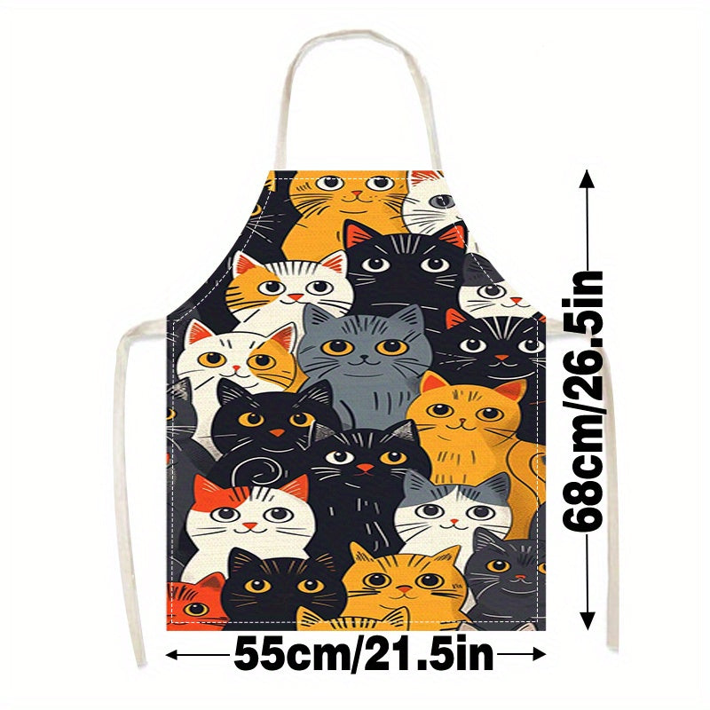 Delantal de lino con diseño de gato animado, 1 unidad - Para cocina, adultos, repostería, café, restaurante