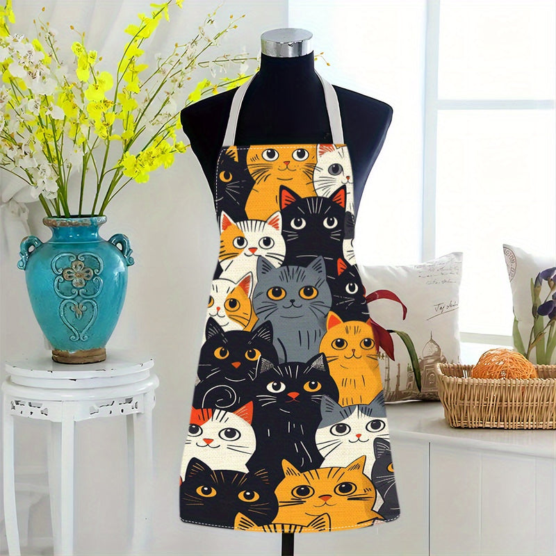 Delantal de lino con diseño de gato animado, 1 unidad - Para cocina, adultos, repostería, café, restaurante