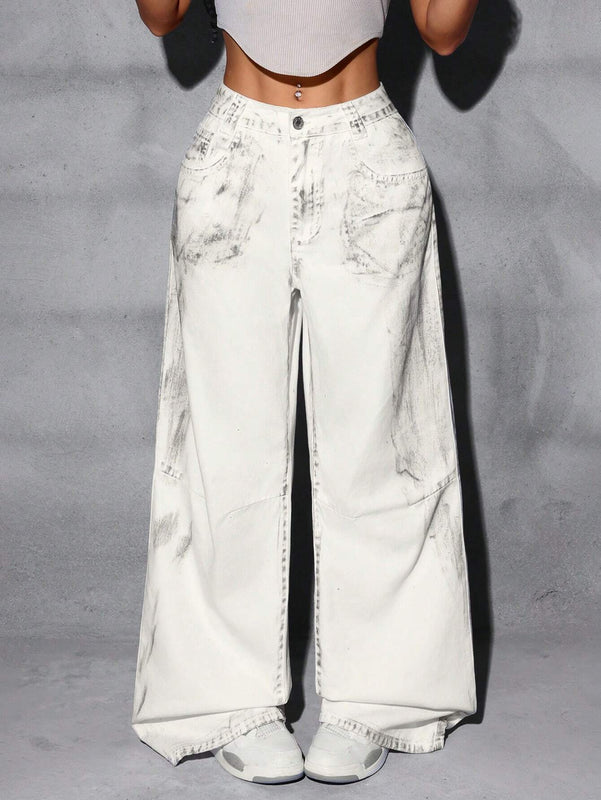 ICON Pantalones De Pierna Recta De Mezclilla Lavada Con Tenido Anudado Y Bolsillo De Parche Para Mujer