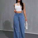 Essnce Jeans Casuales para mujer con pliegues, pierna ancha y ajuste holgado con bolsillos