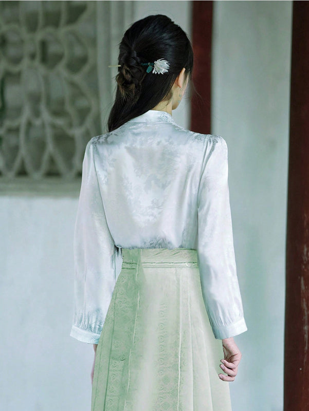Nueva camisa blanca con bordado chino estilo todo combinable, con elementos bordados de la dinastia Han China