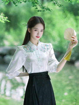 Nueva camisa blanca con bordado chino estilo todo combinable, con elementos bordados de la dinastia Han China
