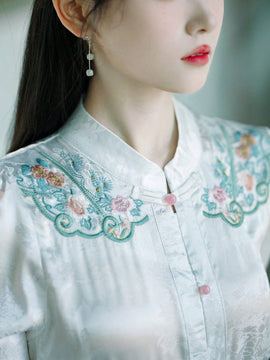 Nueva camisa blanca con bordado chino estilo todo combinable, con elementos bordados de la dinastia Han China