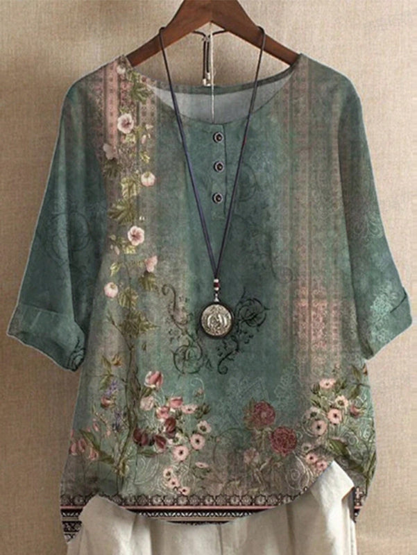 Camisa floreada de corte holgado para mujer con cuello redondo y mangas 3/4, ideal para vacaciones de primavera/verano