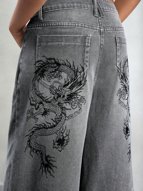 ICON Jeans de pierna ancha con graficos de dragon chino