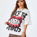 Coolane Camiseta de verano de gran tamano con diseno vintage de letras y labios para mujer de estilo callejero Y2K cool