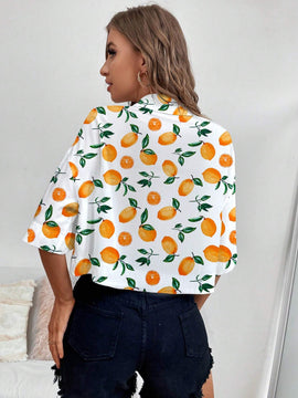 Camisa informal de manga corta con botones individuales para mujer con estampado recortado al azar para el verano