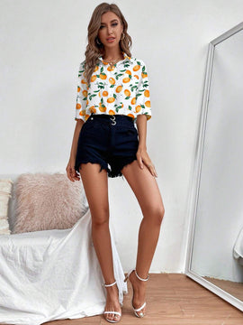 Camisa informal de manga corta con botones individuales para mujer con estampado recortado al azar para el verano
