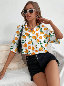 Camisa informal de manga corta con botones individuales para mujer con estampado recortado al azar para el verano