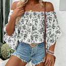 Blusa con estampado floral con hombros descubiertos y mangas de volante para vacaciones de verano