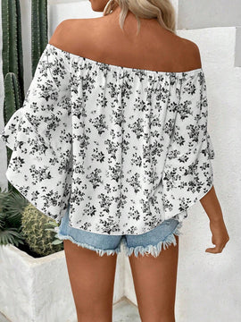 Blusa con estampado floral con hombros descubiertos y mangas de volante para vacaciones de verano