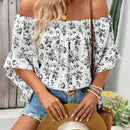 Blusa con estampado floral con hombros descubiertos y mangas de volante para vacaciones de verano