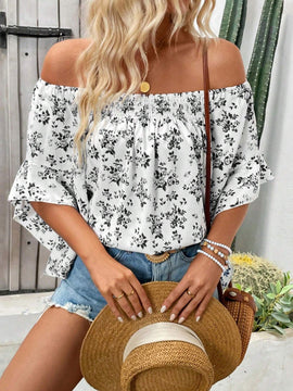 Blusa con estampado floral con hombros descubiertos y mangas de volante para vacaciones de verano