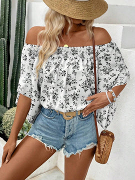 Blusa con estampado floral con hombros descubiertos y mangas de volante para vacaciones de verano