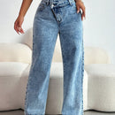 SXY Jeans de mezclilla casuales y sexis para mujer con cremallera diagonal, longitud de nueve puntos, corte recto, azul