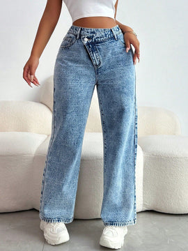 SXY Jeans de mezclilla casuales y sexis para mujer con cremallera diagonal, longitud de nueve puntos, corte recto, azul
