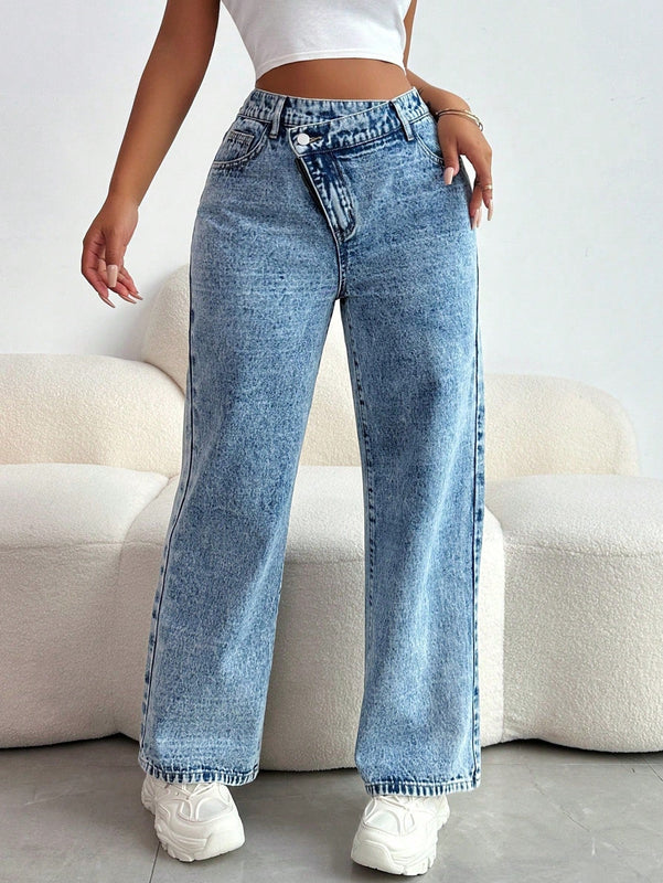 SXY Jeans de mezclilla casuales y sexis para mujer con cremallera diagonal, longitud de nueve puntos, corte recto, azul