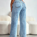 SXY Jeans de mezclilla casuales y sexis para mujer con cremallera diagonal, longitud de nueve puntos, corte recto, azul