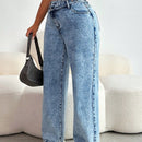SXY Jeans de mezclilla casuales y sexis para mujer con cremallera diagonal, longitud de nueve puntos, corte recto, azul