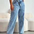 SXY Jeans de mezclilla casuales y sexis para mujer con cremallera diagonal, longitud de nueve puntos, corte recto, azul