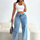 SXY Jeans de mezclilla casuales y sexis para mujer con cremallera diagonal, longitud de nueve puntos, corte recto, azul