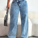 SXY Jeans de mezclilla casuales y sexis para mujer con cremallera diagonal, longitud de nueve puntos, corte recto, azul