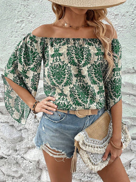 Blusa con Estampado Paisley y Hombros Descubiertos