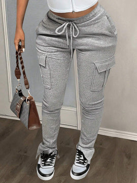 Slayr Pantalones de mujer simples y casuales para otono/invierno con bolsillos y abertura -C