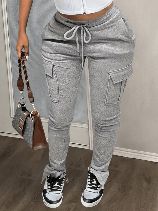 Slayr Pantalones de mujer simples y casuales para otono/invierno con bolsillos y abertura -C