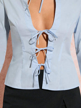 Conjunto sencillo casual para el regreso a clases con camisa de manga larga para mujer en azul marino con nudo en la cintura, camisas casuales para mujer, ropa de otono, camisa lisa, camisas sexy