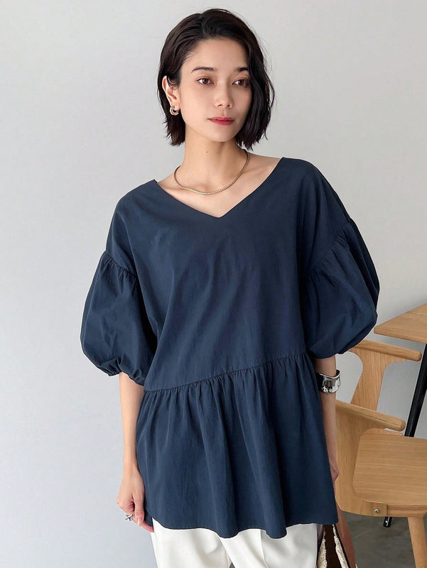FRIFUL Blusa solida de manga abullonada con peplum
