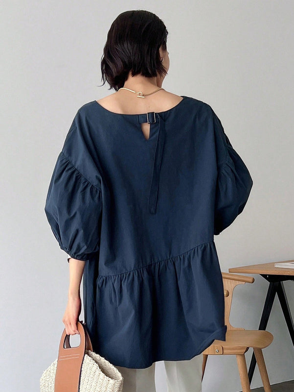 FRIFUL Blusa solida de manga abullonada con peplum