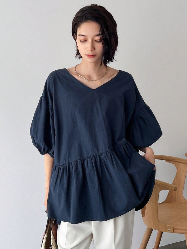 FRIFUL Blusa solida de manga abullonada con peplum