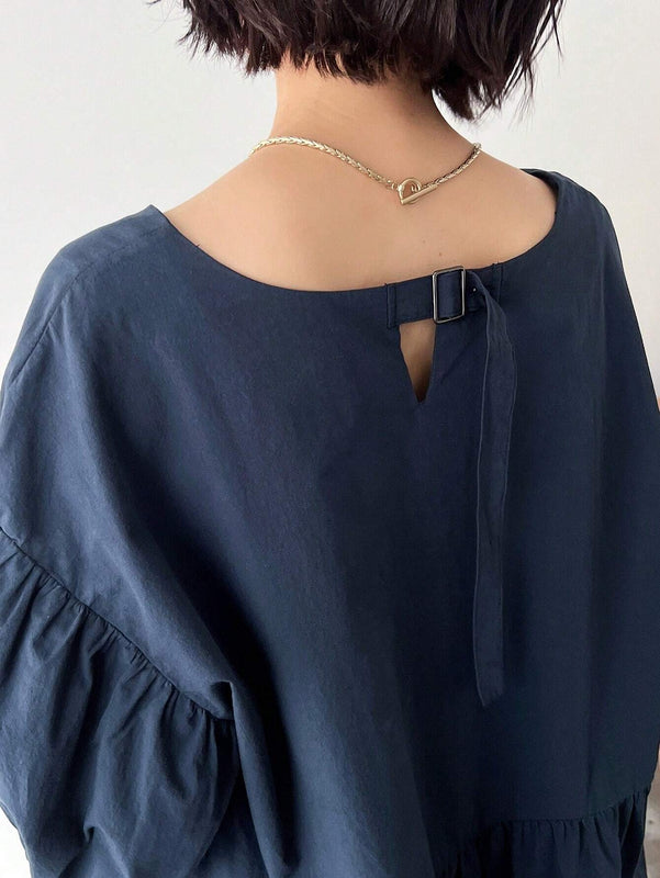 FRIFUL Blusa solida de manga abullonada con peplum