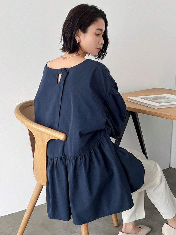 FRIFUL Blusa solida de manga abullonada con peplum