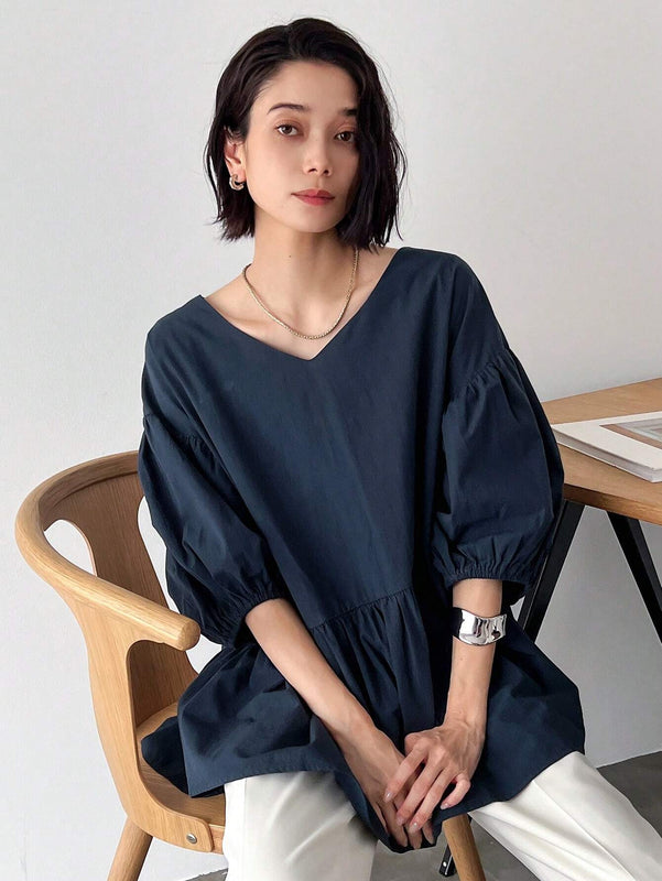 FRIFUL Blusa solida de manga abullonada con peplum
