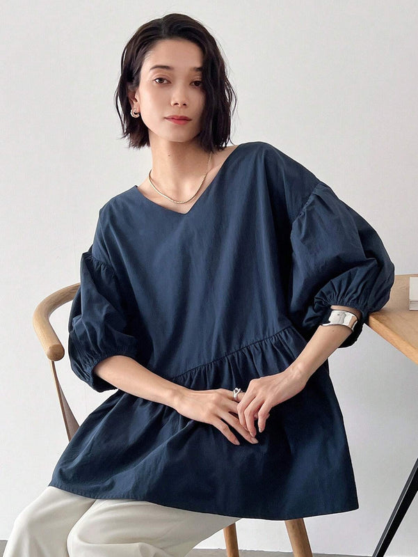 FRIFUL Blusa solida de manga abullonada con peplum