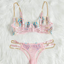 FloralLove Conjunto de lenceria sexy transparente bordada con cadenas de metal en 2 piezas para mujeres