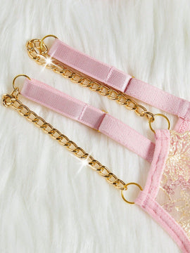 FloralLove Conjunto de lenceria sexy transparente bordada con cadenas de metal en 2 piezas para mujeres
