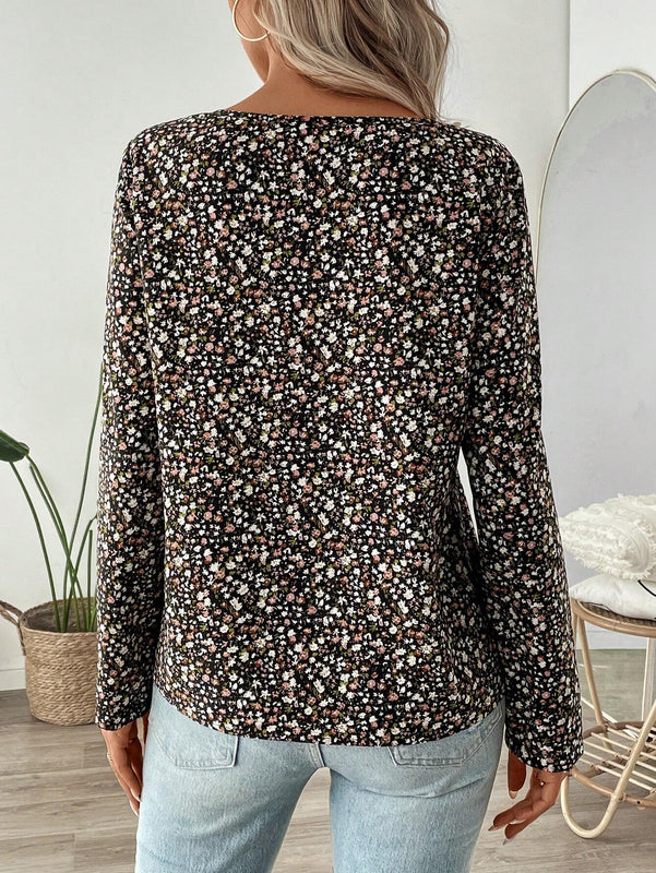 Camisa floral pequena de manga larga para mujer de color oscuro