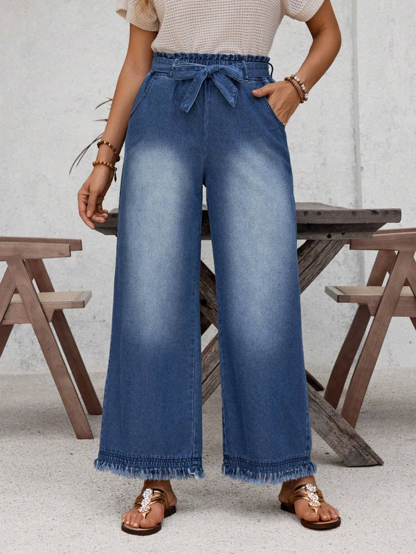 LUNE Jeans de pierna ancha con cintura con efecto de bolsa de papel, ribete sin rematar y cinturon
