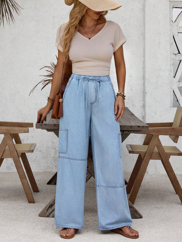 LUNE Jeans de bolsillo con solapa de cintura alta y laterales estilo carga para vacaciones de verano