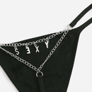 Ropa interior sexy de mujer, ropa interior sexy con tanga de colgante de letra de aleacion, cadena de metal y cadena de cintura en T