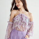 Enchnt Blusa con estampado floral, ribete de volantes, cuello halter y mangas de linterna