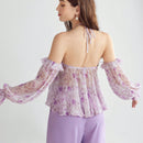 Enchnt Blusa con estampado floral, ribete de volantes, cuello halter y mangas de linterna