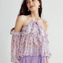 Enchnt Blusa con estampado floral, ribete de volantes, cuello halter y mangas de linterna