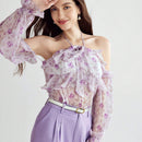 Enchnt Blusa con estampado floral, ribete de volantes, cuello halter y mangas de linterna